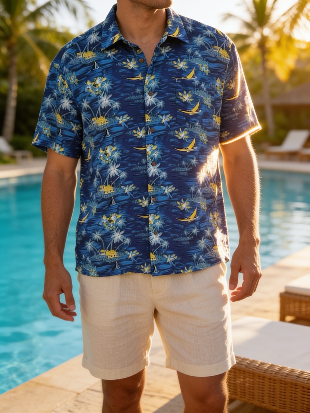 EUC Milano Bay Blue Tropical Print Short Sleeve Button-Down Shirt